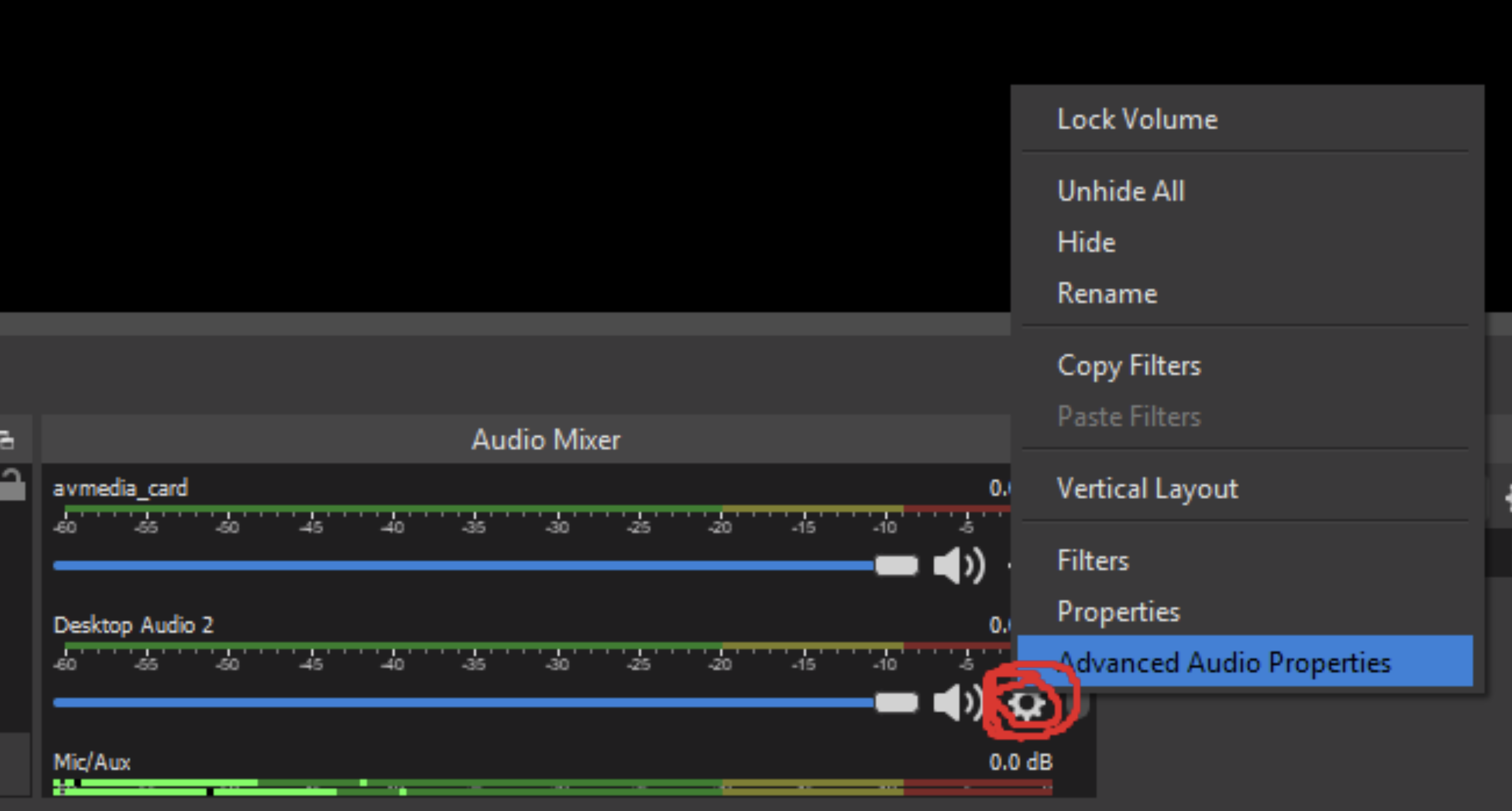 Advanced audio settings menu