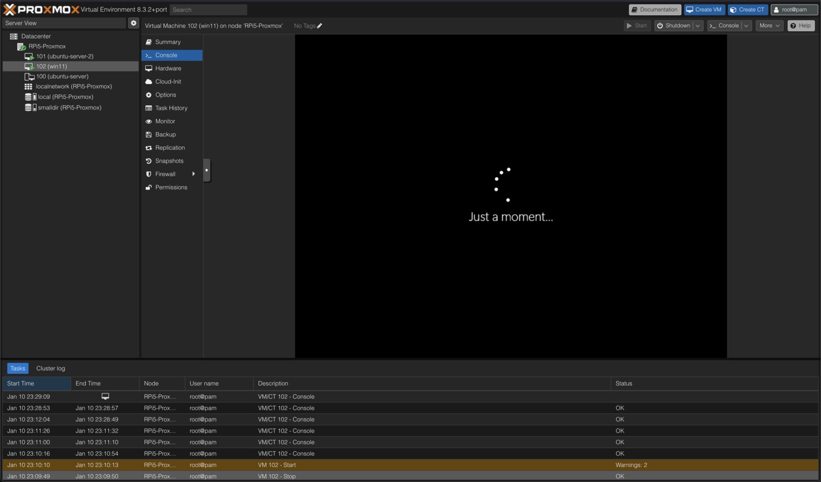 screenshot of windows in proxmox on pi