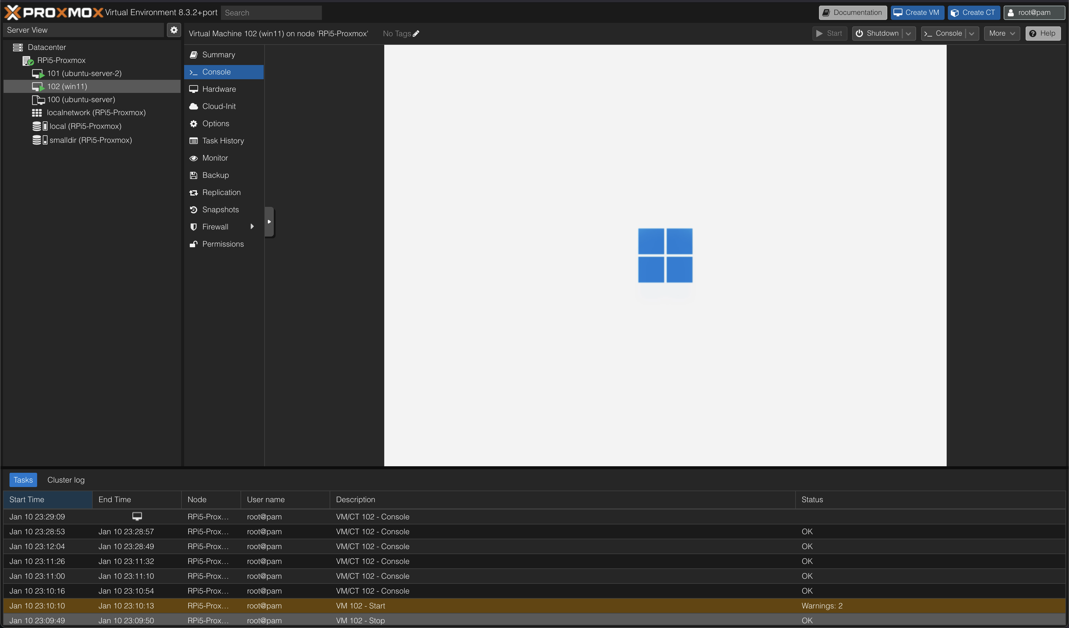 screenshot of windows in proxmox on pi