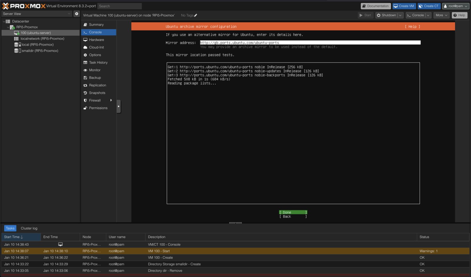screenshot of ubuntu server in proxmox on pi