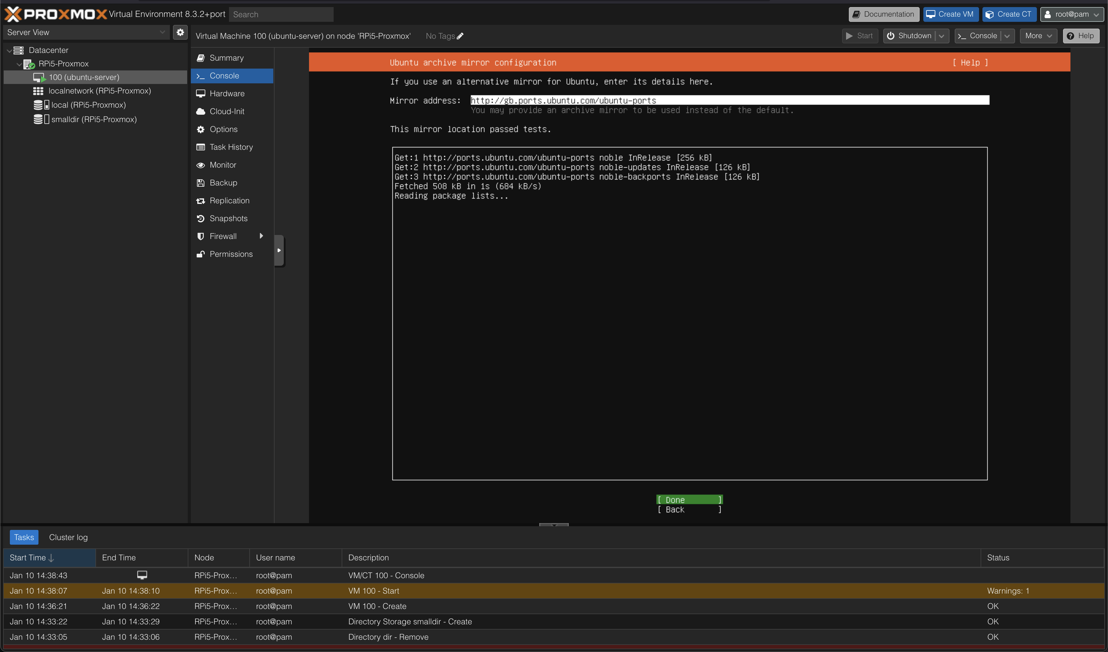 screenshot of ubuntu server in proxmox on pi